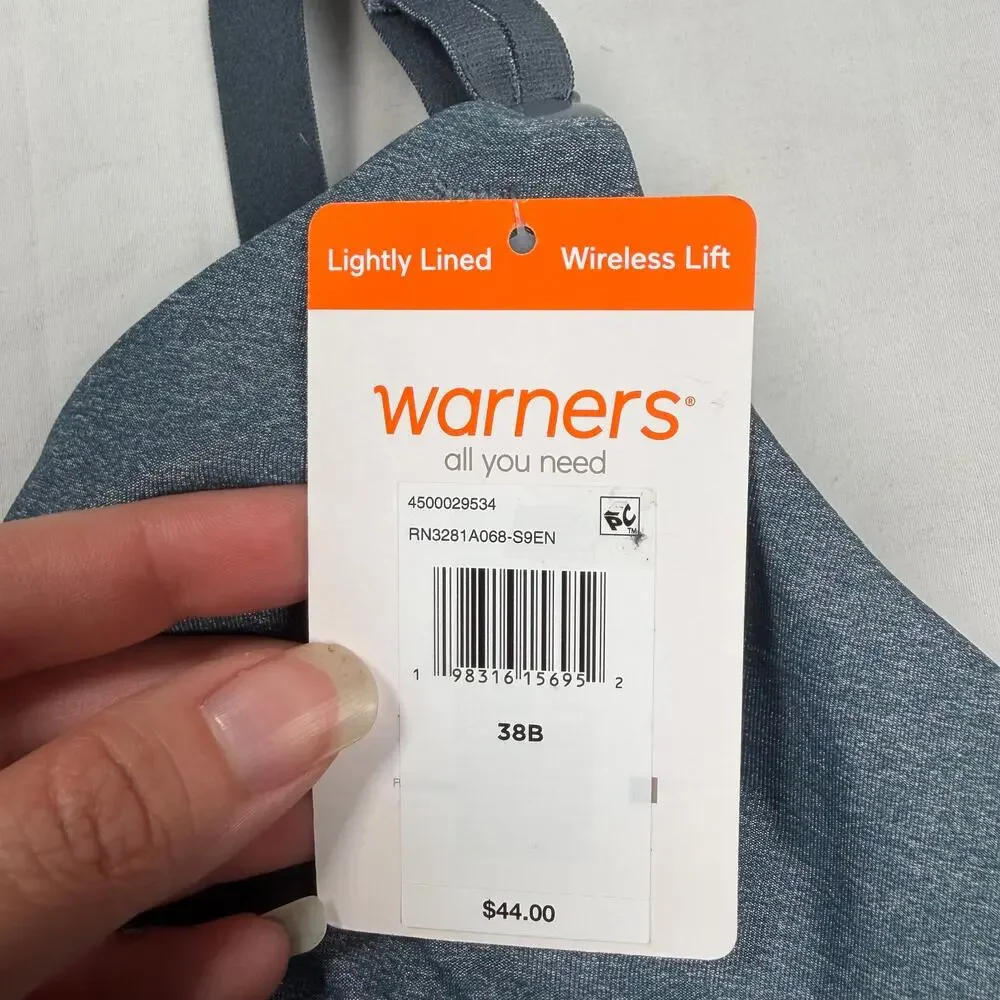 Warners Play It Cool Bra Womens 38B Wireless Lift Lightly Lined Blue Gray NWT